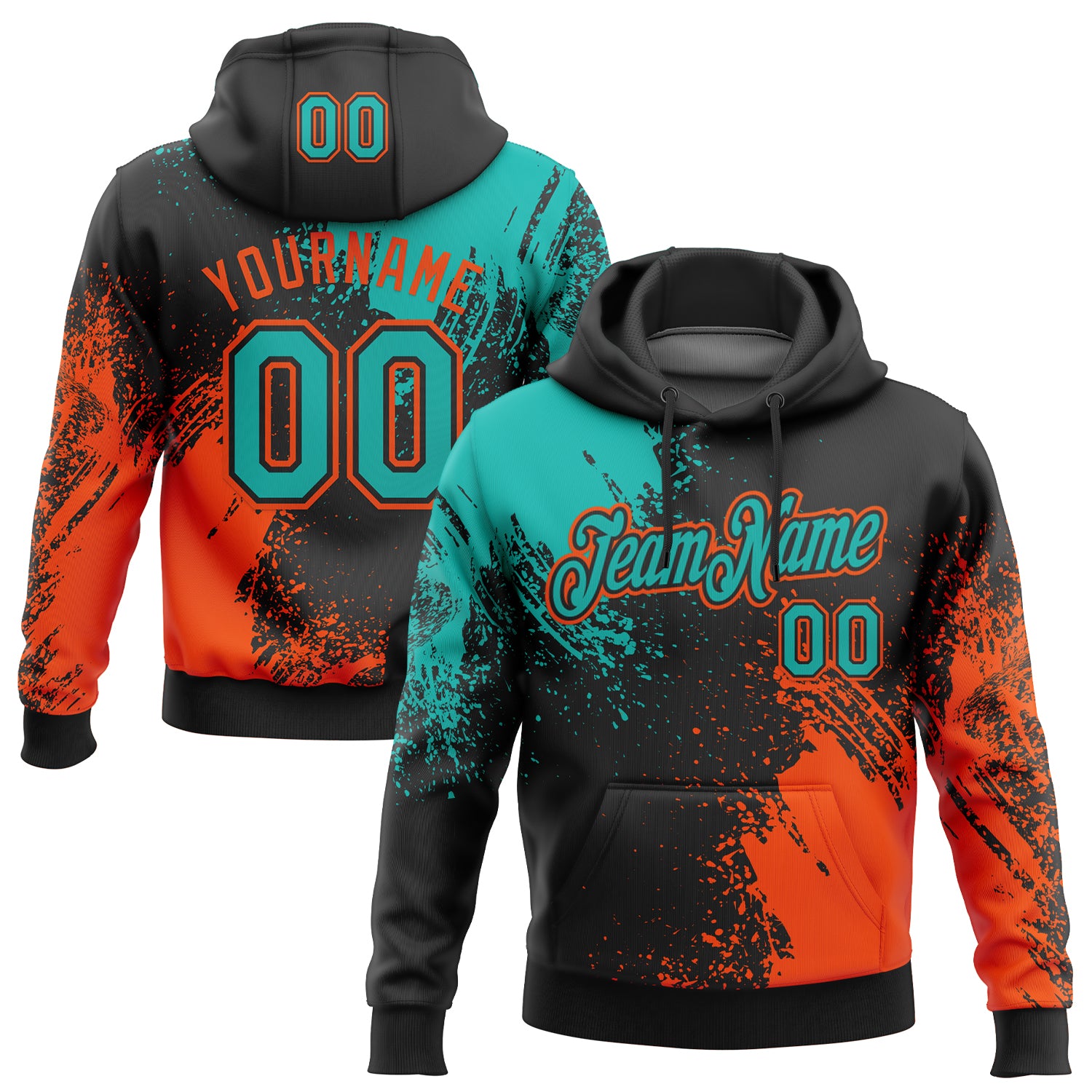 Custom Stitched Black Aqua-Orange 3D Pattern Design Abstract Brush Stroke Sports Pullover Sweatshirt Hoodie