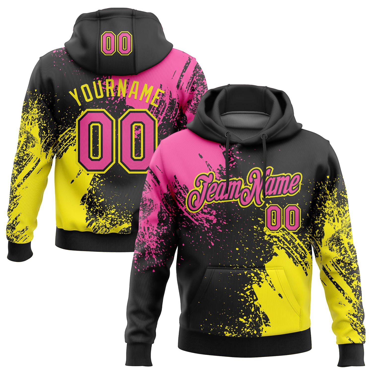 Custom Stitched Black Pink-Light Yellow 3D Pattern Design Abstract Brush Stroke Sports Pullover Sweatshirt Hoodie