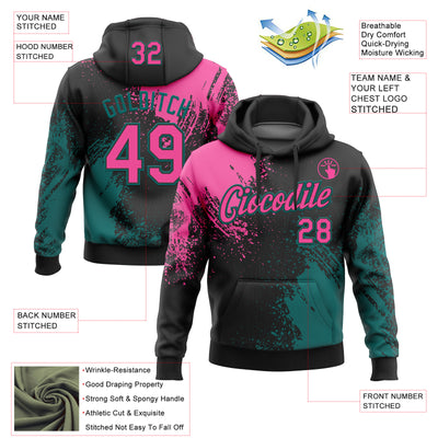 Custom Stitched Black Pink-Teal 3D Pattern Design Abstract Brush Stroke Sports Pullover Sweatshirt Hoodie
