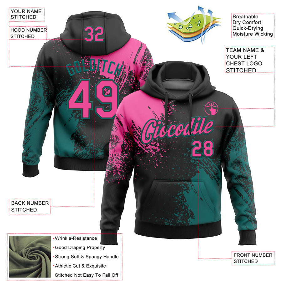 Custom Stitched Black Pink-Teal 3D Pattern Design Abstract Brush Stroke Sports Pullover Sweatshirt Hoodie