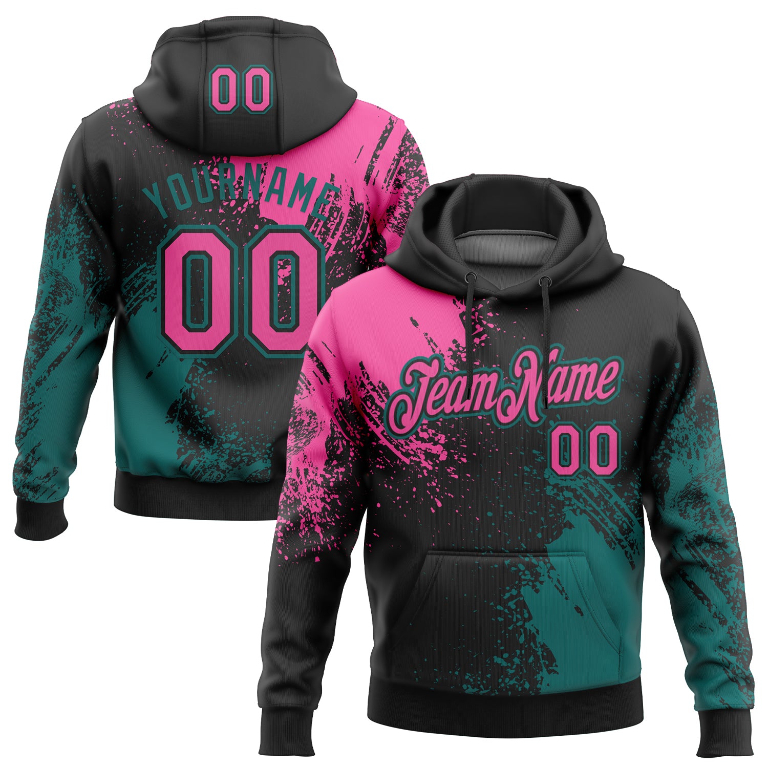 Custom Stitched Black Pink-Teal 3D Pattern Design Abstract Brush Stroke Sports Pullover Sweatshirt Hoodie