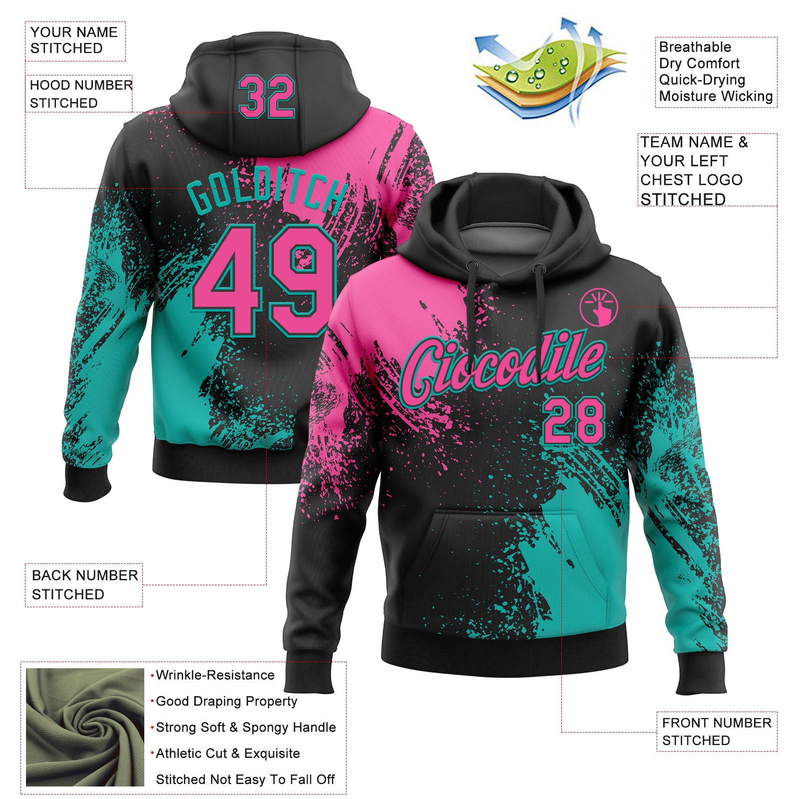 Custom Stitched Black Pink-Aqua 3D Pattern Design Abstract Brush Stroke Sports Pullover Sweatshirt Hoodie