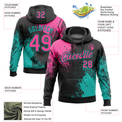 Custom Stitched Black Pink-Aqua 3D Pattern Design Abstract Brush Stroke Sports Pullover Sweatshirt Hoodie