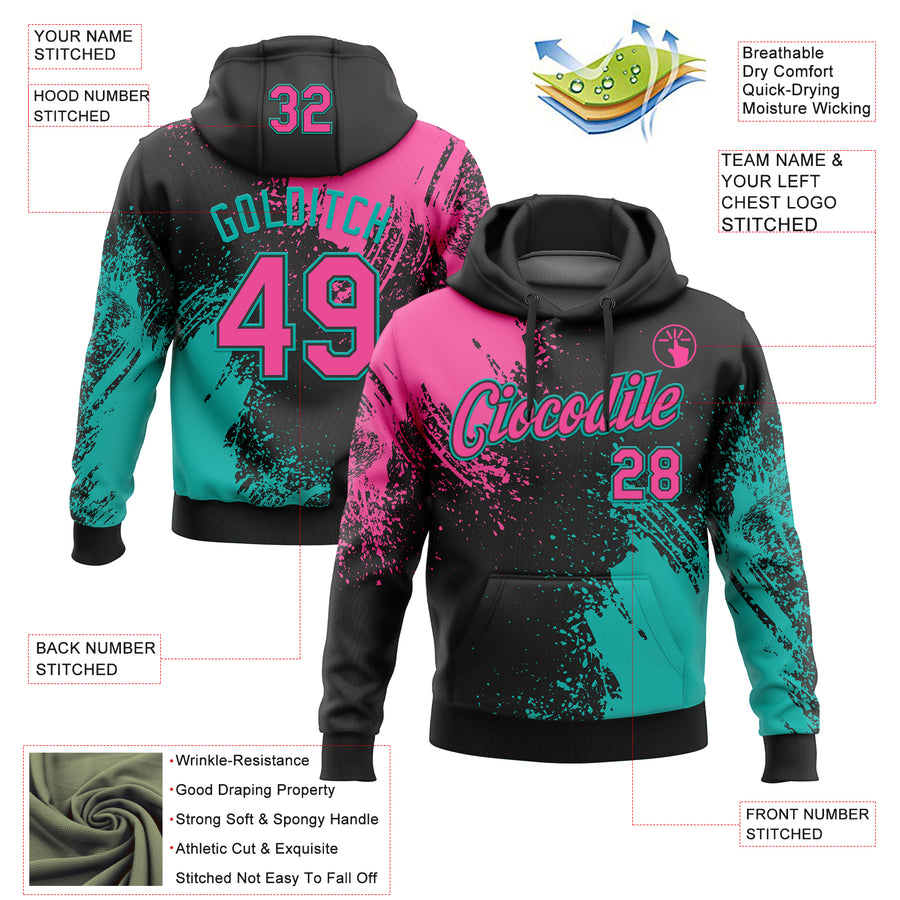 Custom Stitched Black Pink-Aqua 3D Pattern Design Abstract Brush Stroke Sports Pullover Sweatshirt Hoodie