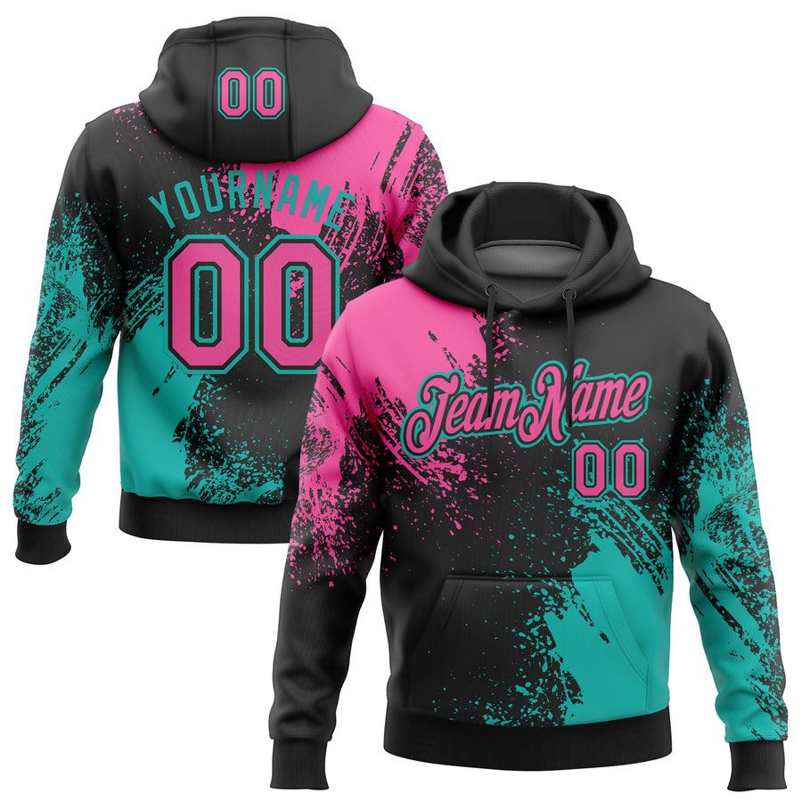 Custom Stitched Black Pink-Aqua 3D Pattern Design Abstract Brush Stroke Sports Pullover Sweatshirt Hoodie