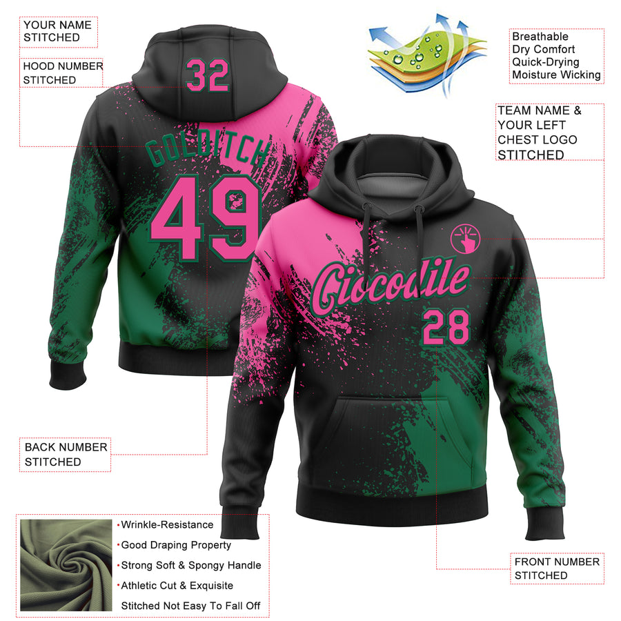 Custom Stitched Black Pink-Kelly Green 3D Pattern Design Abstract Brush Stroke Sports Pullover Sweatshirt Hoodie