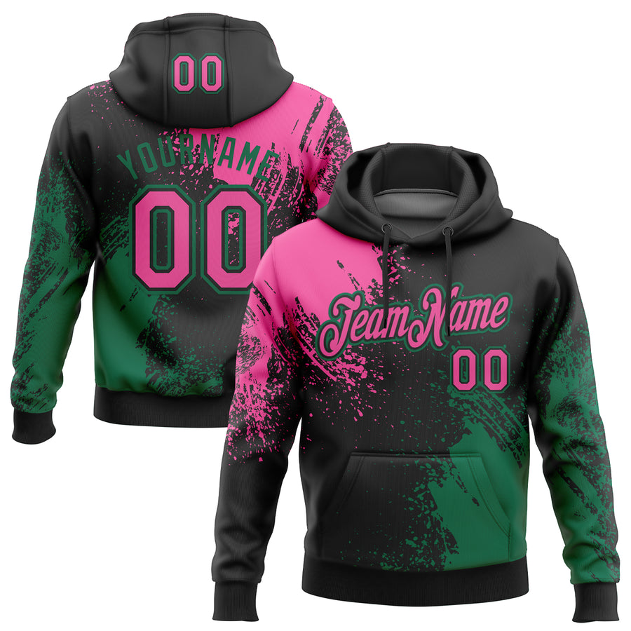 Custom Stitched Black Pink-Kelly Green 3D Pattern Design Abstract Brush Stroke Sports Pullover Sweatshirt Hoodie