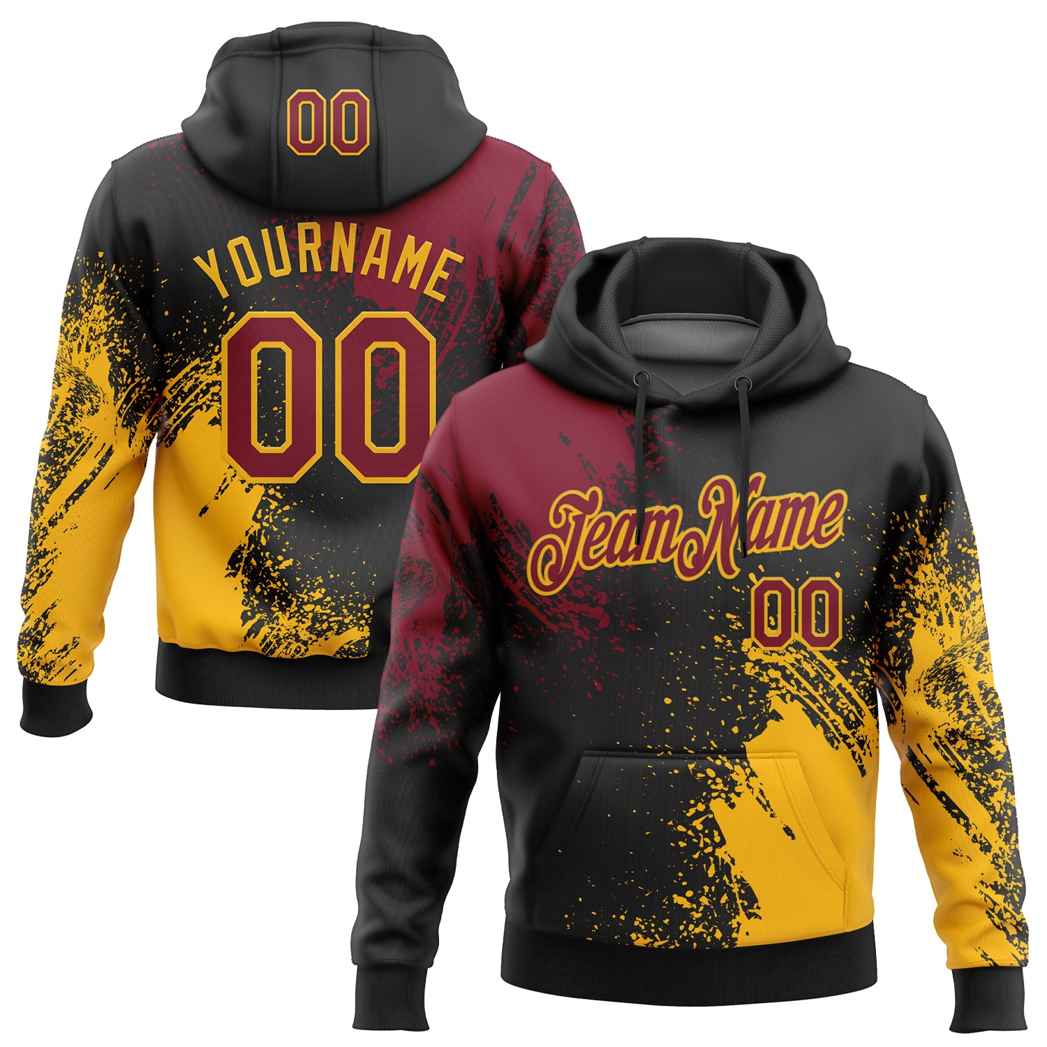 Custom Stitched Black Crimson-Gold 3D Pattern Design Abstract Brush Stroke Sports Pullover Sweatshirt Hoodie
