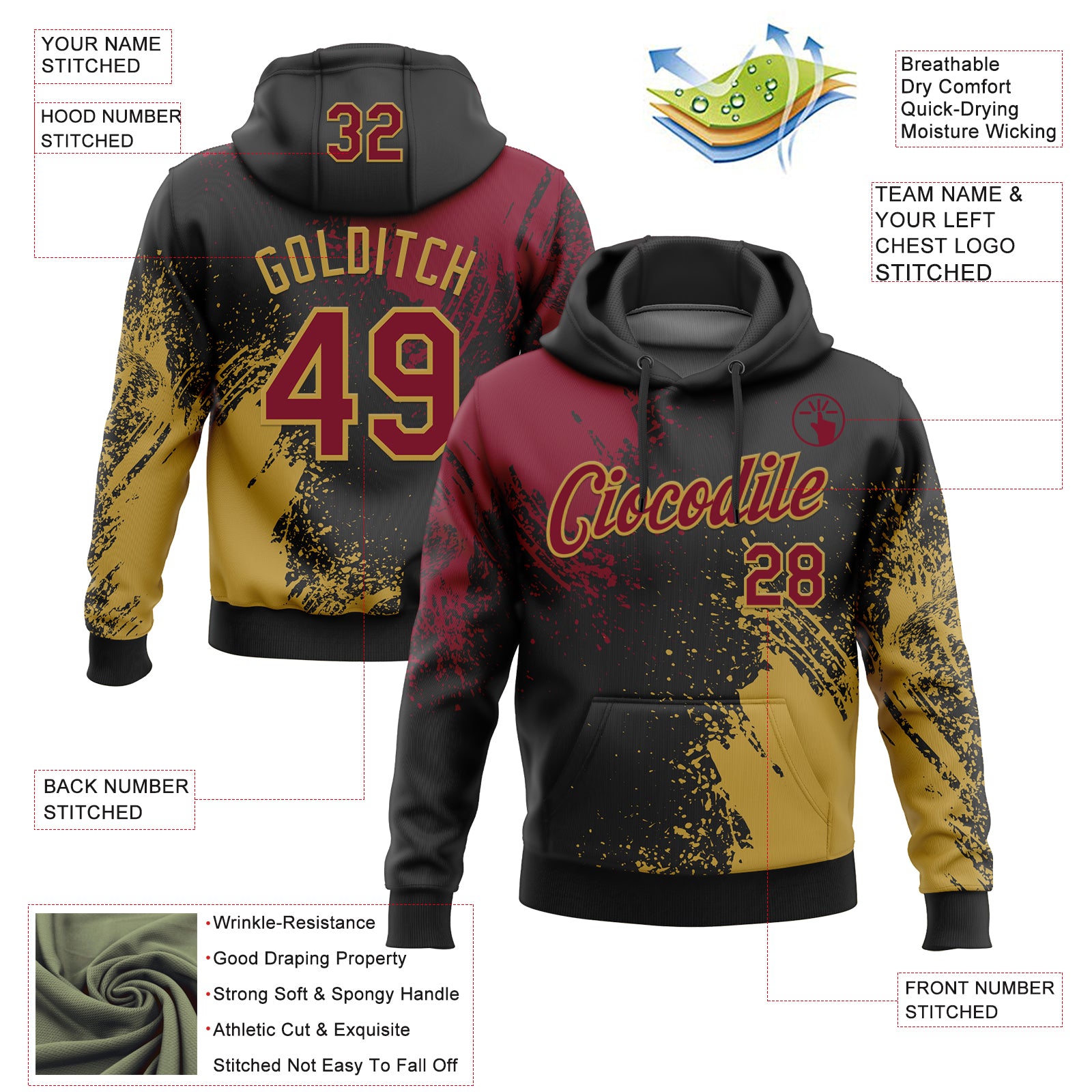 Custom Stitched Black Crimson-Old Gold 3D Pattern Design Abstract Brush Stroke Sports Pullover Sweatshirt Hoodie