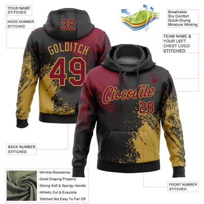 Custom Stitched Black Crimson-Old Gold 3D Pattern Design Abstract Brush Stroke Sports Pullover Sweatshirt Hoodie