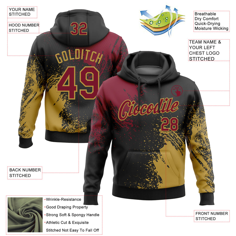 Custom Stitched Black Crimson-Old Gold 3D Pattern Design Abstract Brush Stroke Sports Pullover Sweatshirt Hoodie