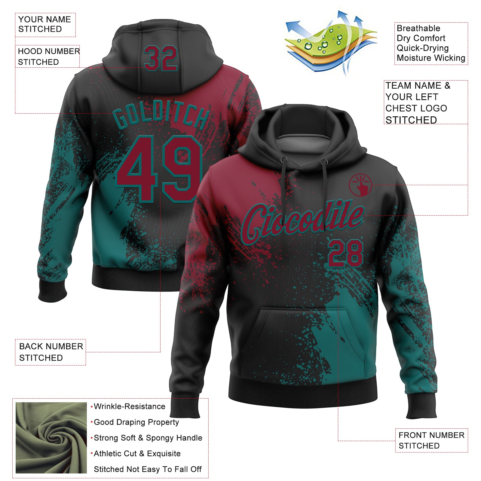 Custom Stitched Black Crimson-Teal 3D Pattern Design Abstract Brush Stroke Sports Pullover Sweatshirt Hoodie