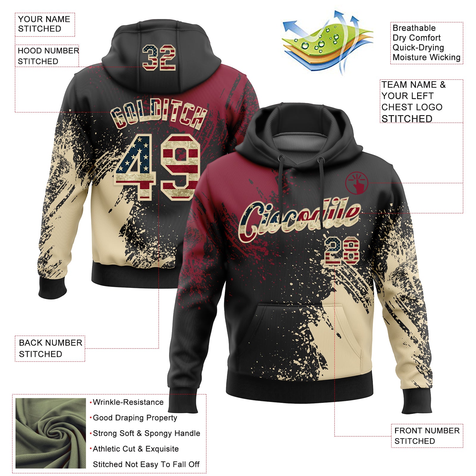 Custom Stitched Black Vintage USA Flag Crimson-Cream 3D Pattern Design Abstract Brush Stroke Sports Pullover Sweatshirt Hoodie