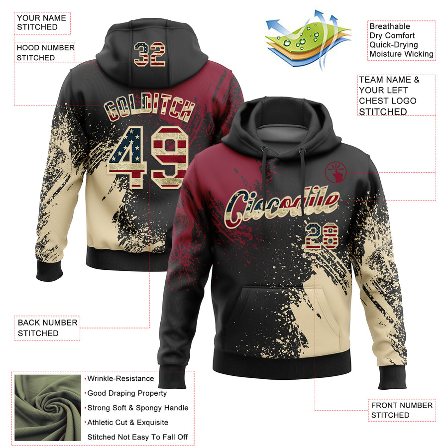 Custom Stitched Black Vintage USA Flag Crimson-Cream 3D Pattern Design Abstract Brush Stroke Sports Pullover Sweatshirt Hoodie