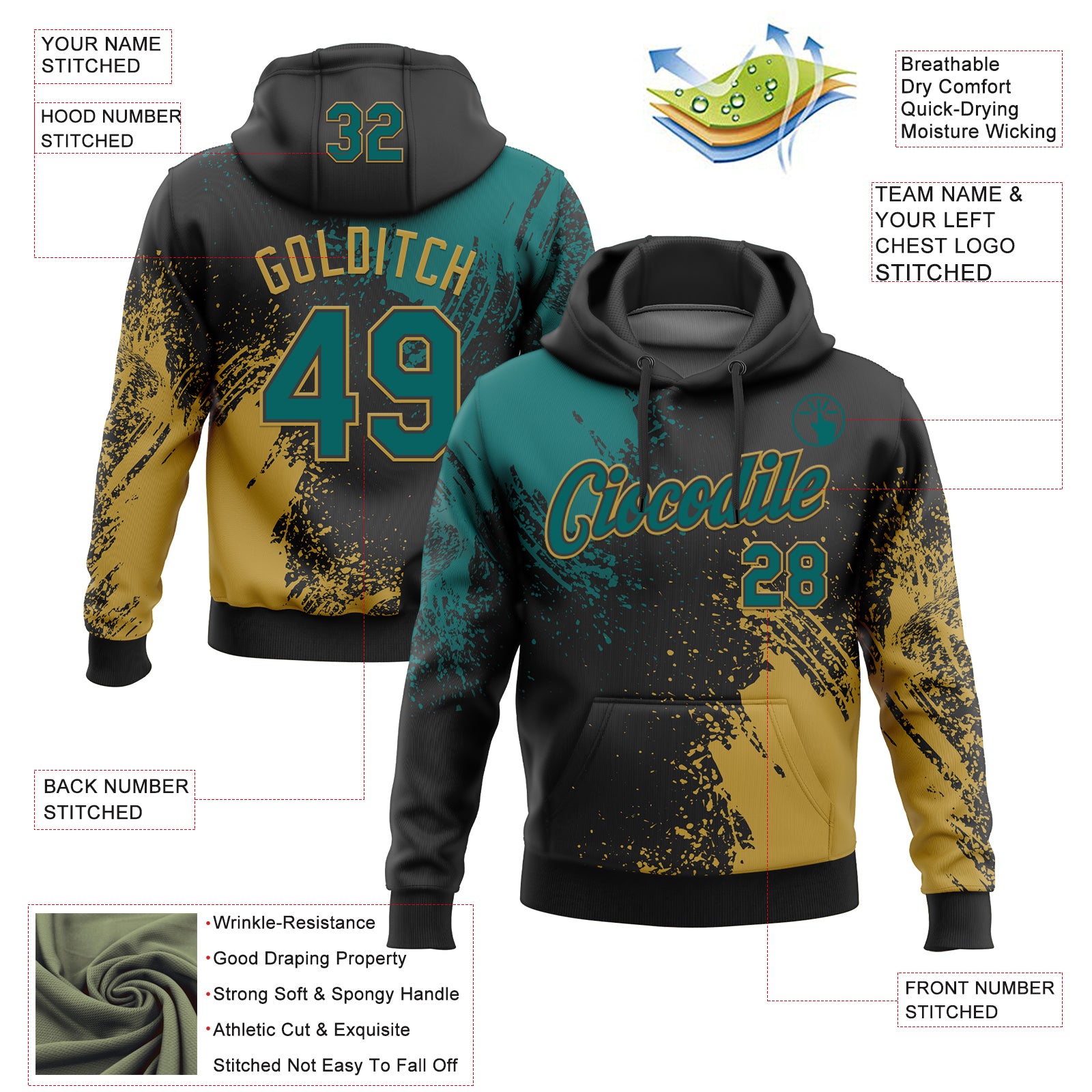 Custom Stitched Black Teal-Old Gold 3D Pattern Design Abstract Brush Stroke Sports Pullover Sweatshirt Hoodie