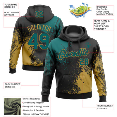 Custom Stitched Black Teal-Old Gold 3D Pattern Design Abstract Brush Stroke Sports Pullover Sweatshirt Hoodie