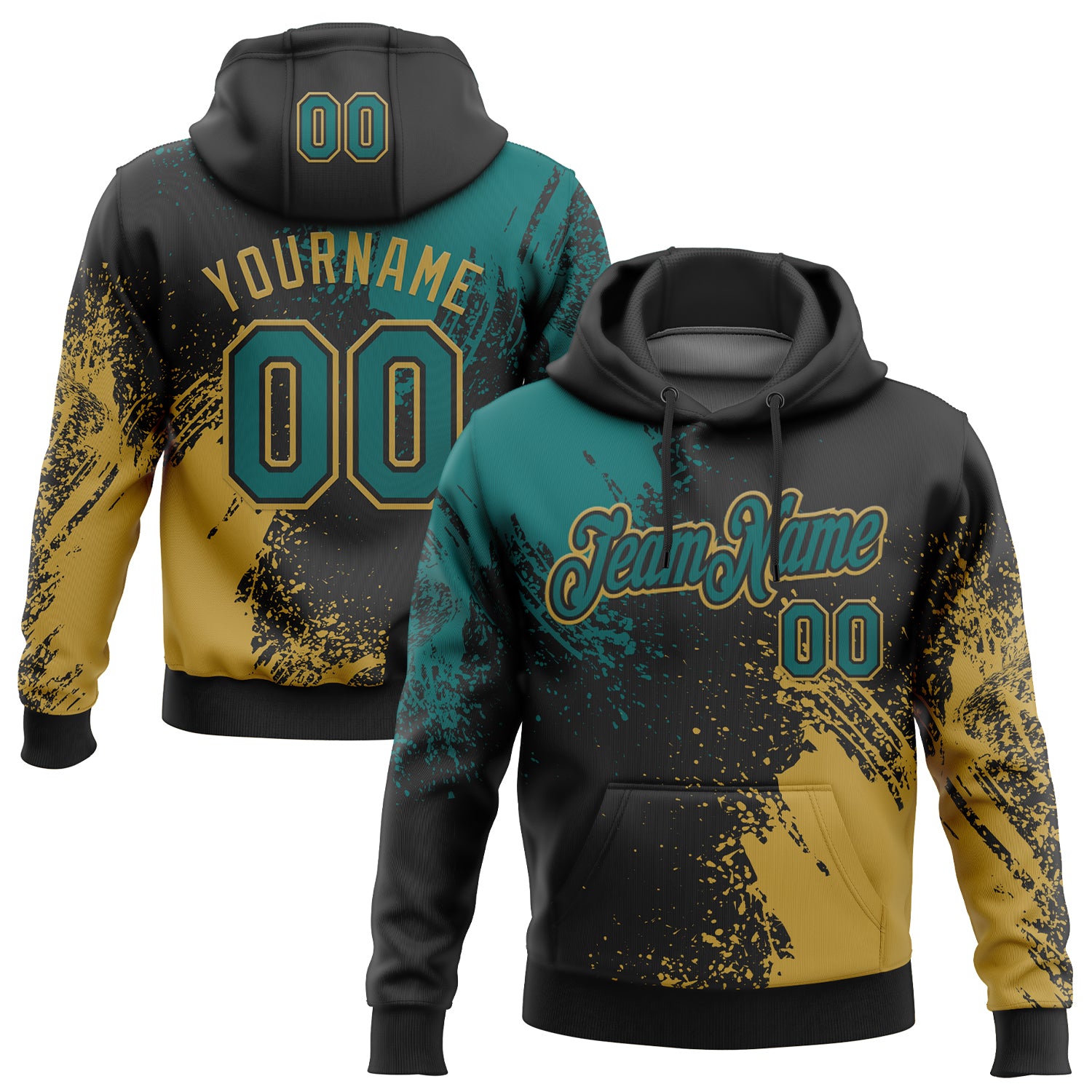Custom Stitched Black Teal-Old Gold 3D Pattern Design Abstract Brush Stroke Sports Pullover Sweatshirt Hoodie