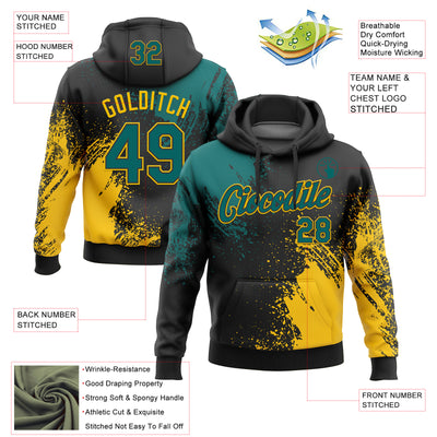 Custom Stitched Black Teal-Yellow 3D Pattern Design Abstract Brush Stroke Sports Pullover Sweatshirt Hoodie
