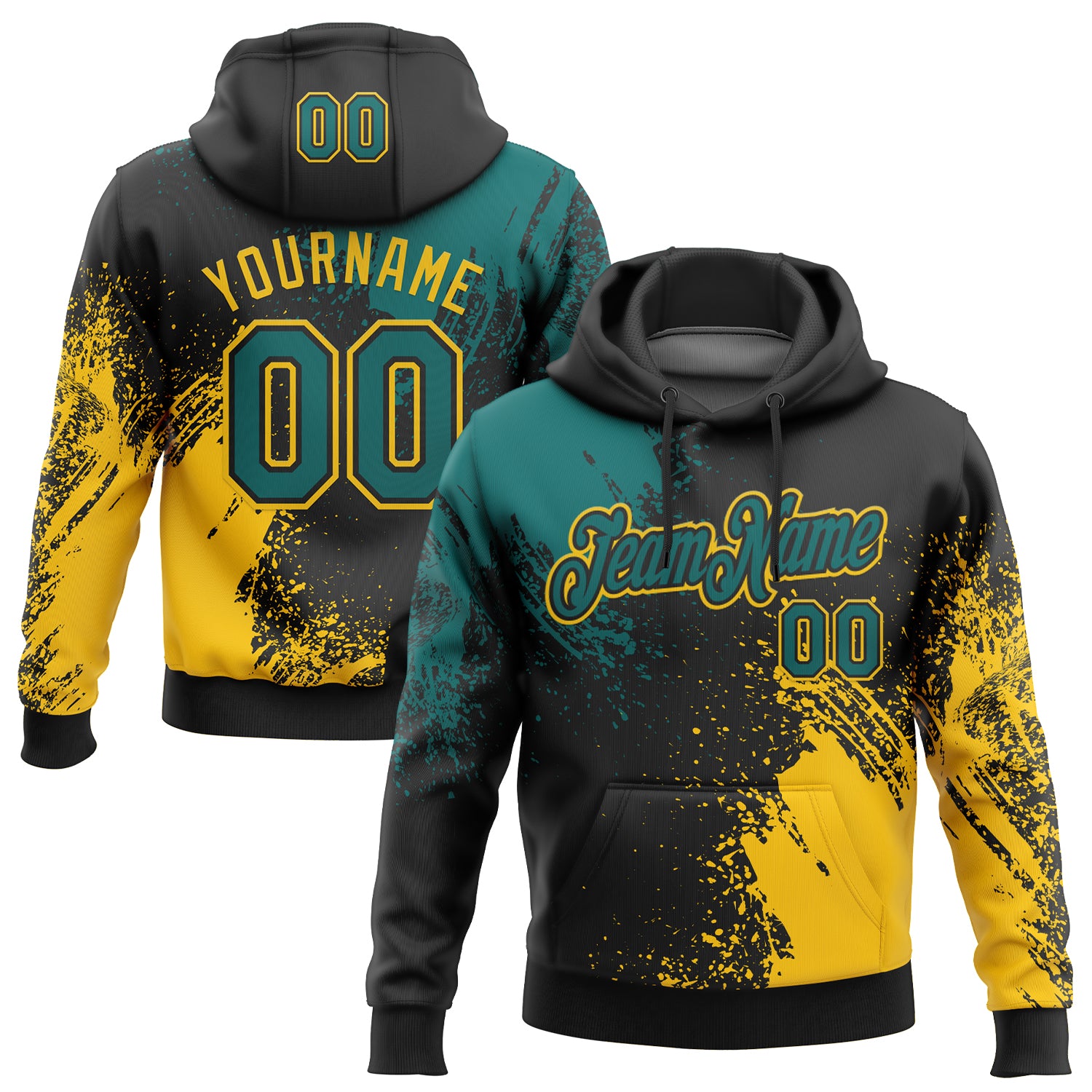 Custom Stitched Black Teal-Yellow 3D Pattern Design Abstract Brush Stroke Sports Pullover Sweatshirt Hoodie