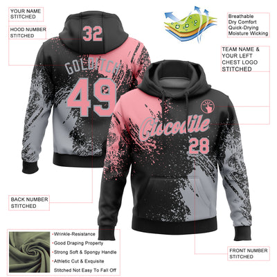 Custom Stitched Black Medium Pink-Gray 3D Pattern Design Abstract Brush Stroke Sports Pullover Sweatshirt Hoodie