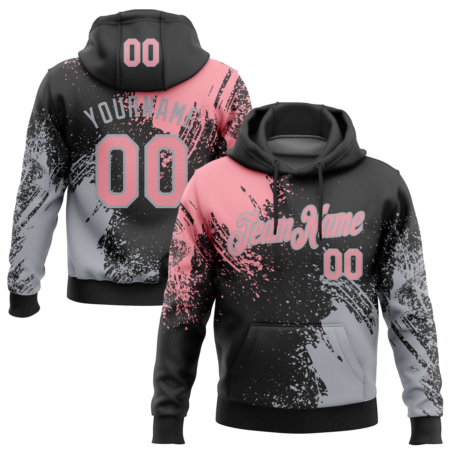 Custom Stitched Black Medium Pink-Gray 3D Pattern Design Abstract Brush Stroke Sports Pullover Sweatshirt Hoodie