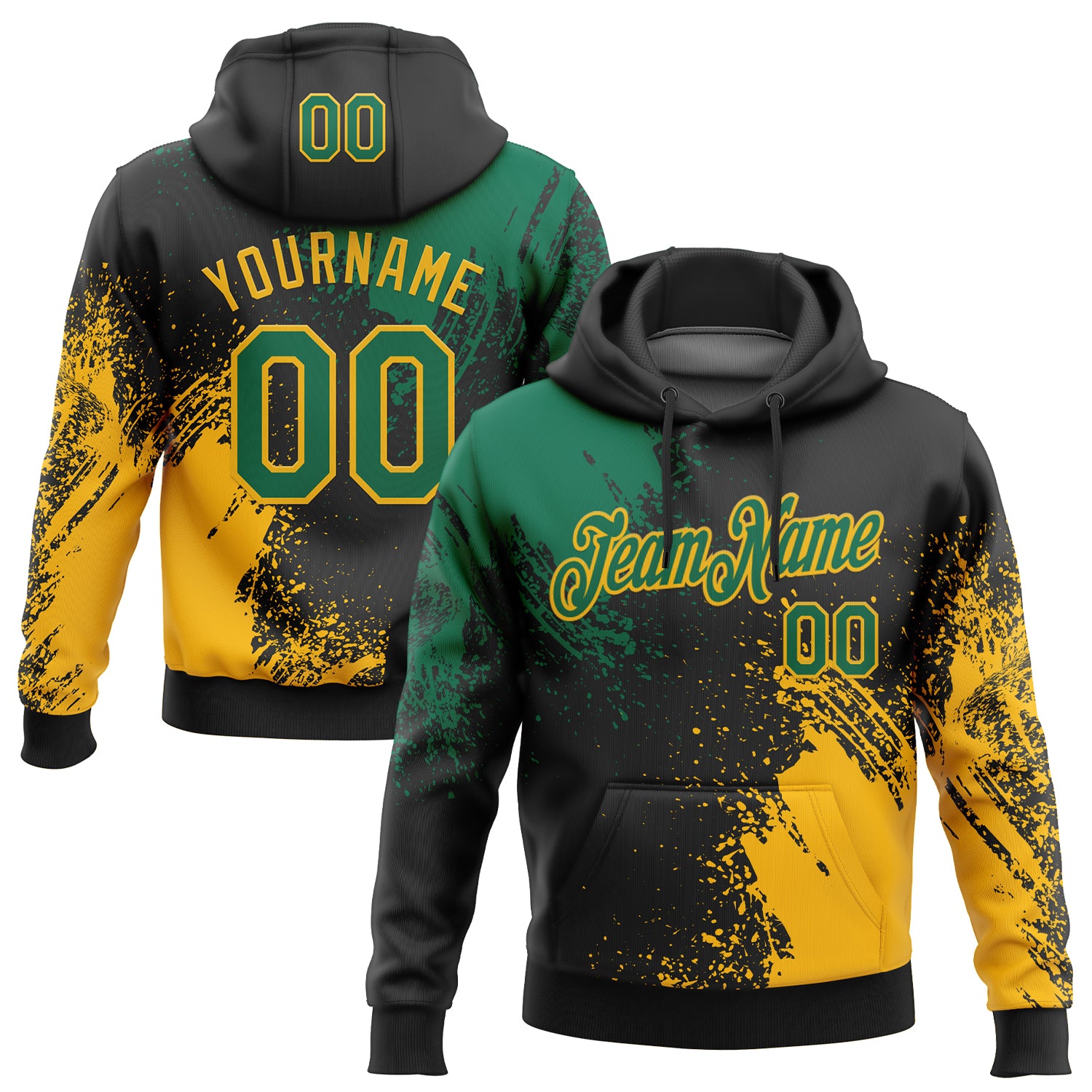 Custom Stitched Black Kelly Green-Gold 3D Pattern Design Abstract Brush Stroke Sports Pullover Sweatshirt Hoodie