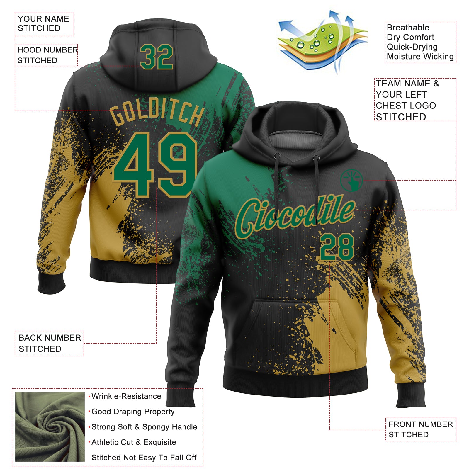 Custom Stitched Black Kelly Green-Old Gold 3D Pattern Design Abstract Brush Stroke Sports Pullover Sweatshirt Hoodie