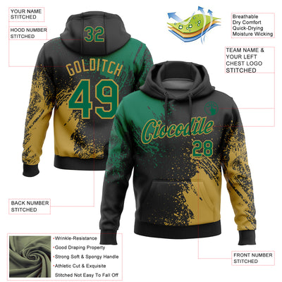 Custom Stitched Black Kelly Green-Old Gold 3D Pattern Design Abstract Brush Stroke Sports Pullover Sweatshirt Hoodie