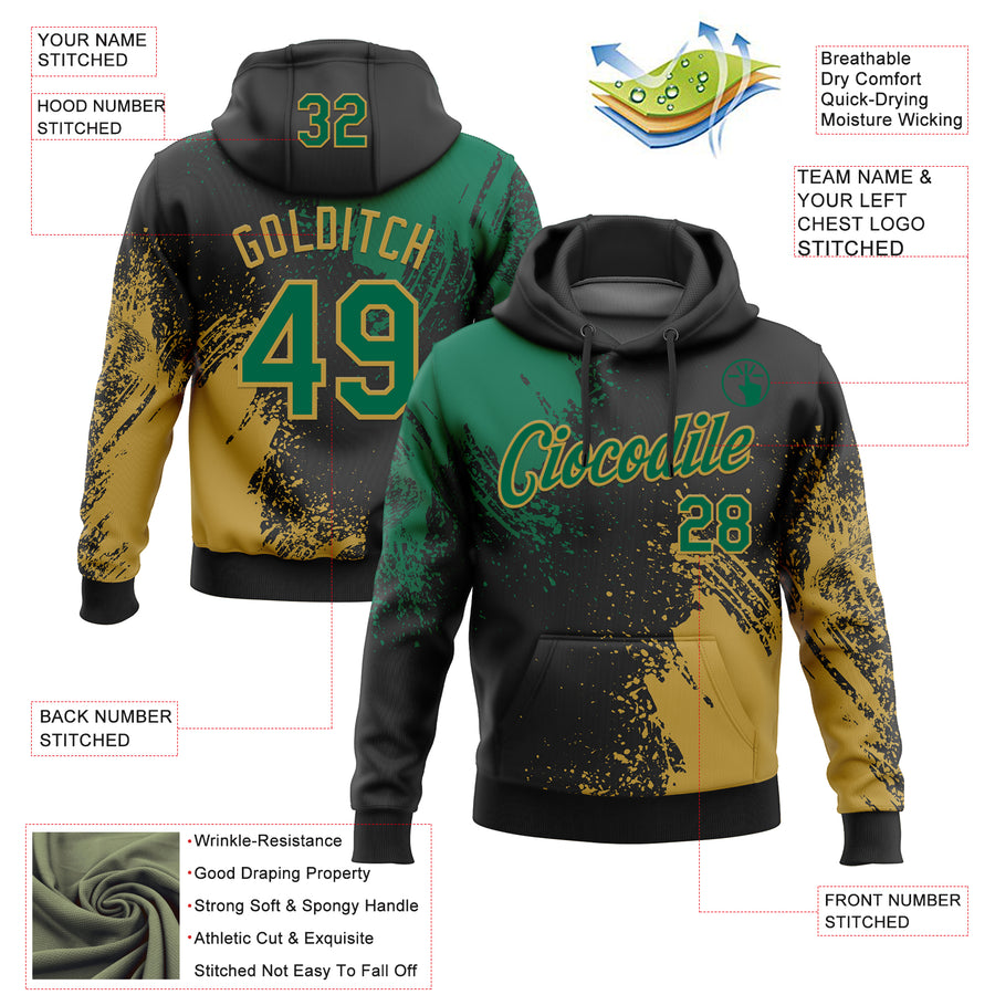 Custom Stitched Black Kelly Green-Old Gold 3D Pattern Design Abstract Brush Stroke Sports Pullover Sweatshirt Hoodie