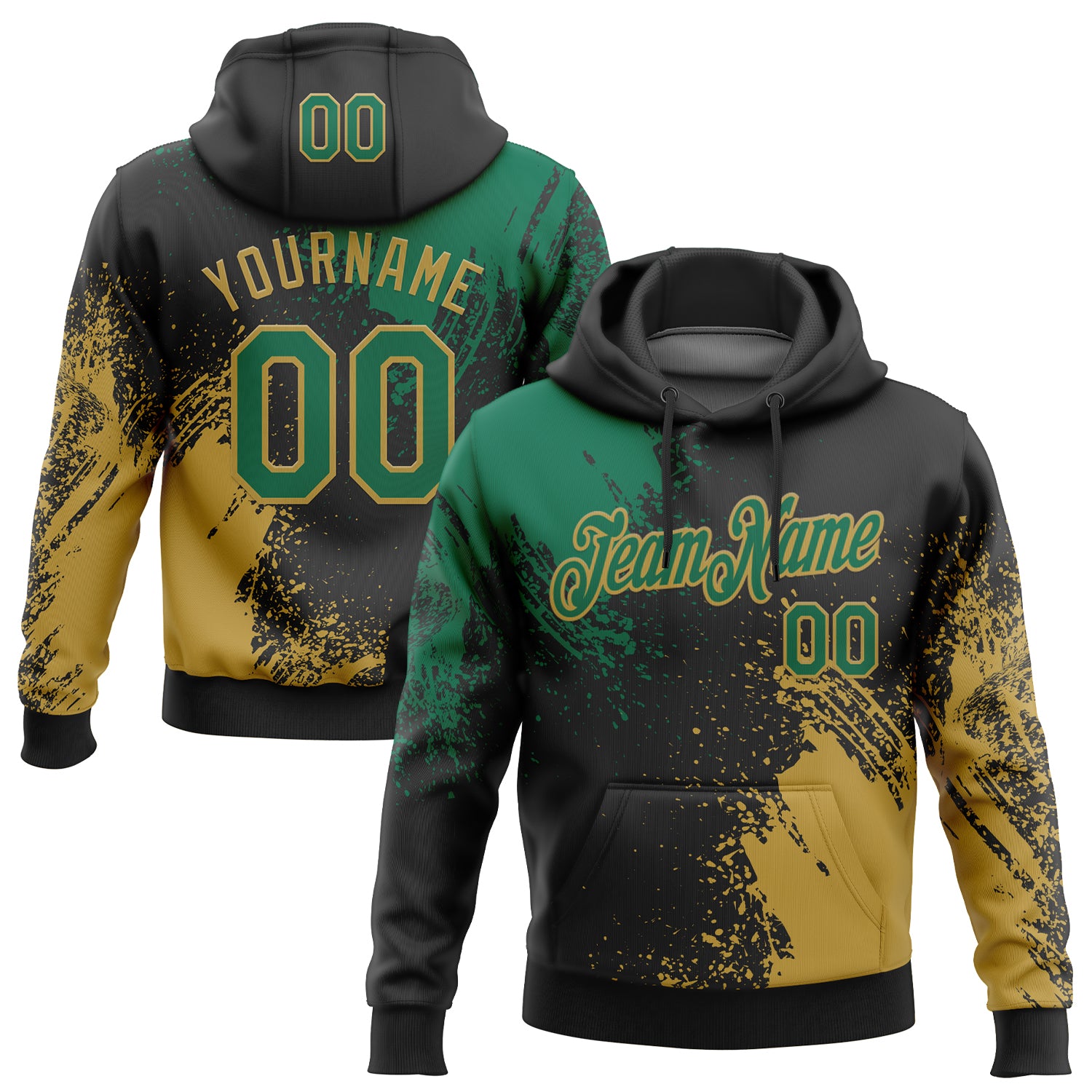 Custom Stitched Black Kelly Green-Old Gold 3D Pattern Design Abstract Brush Stroke Sports Pullover Sweatshirt Hoodie