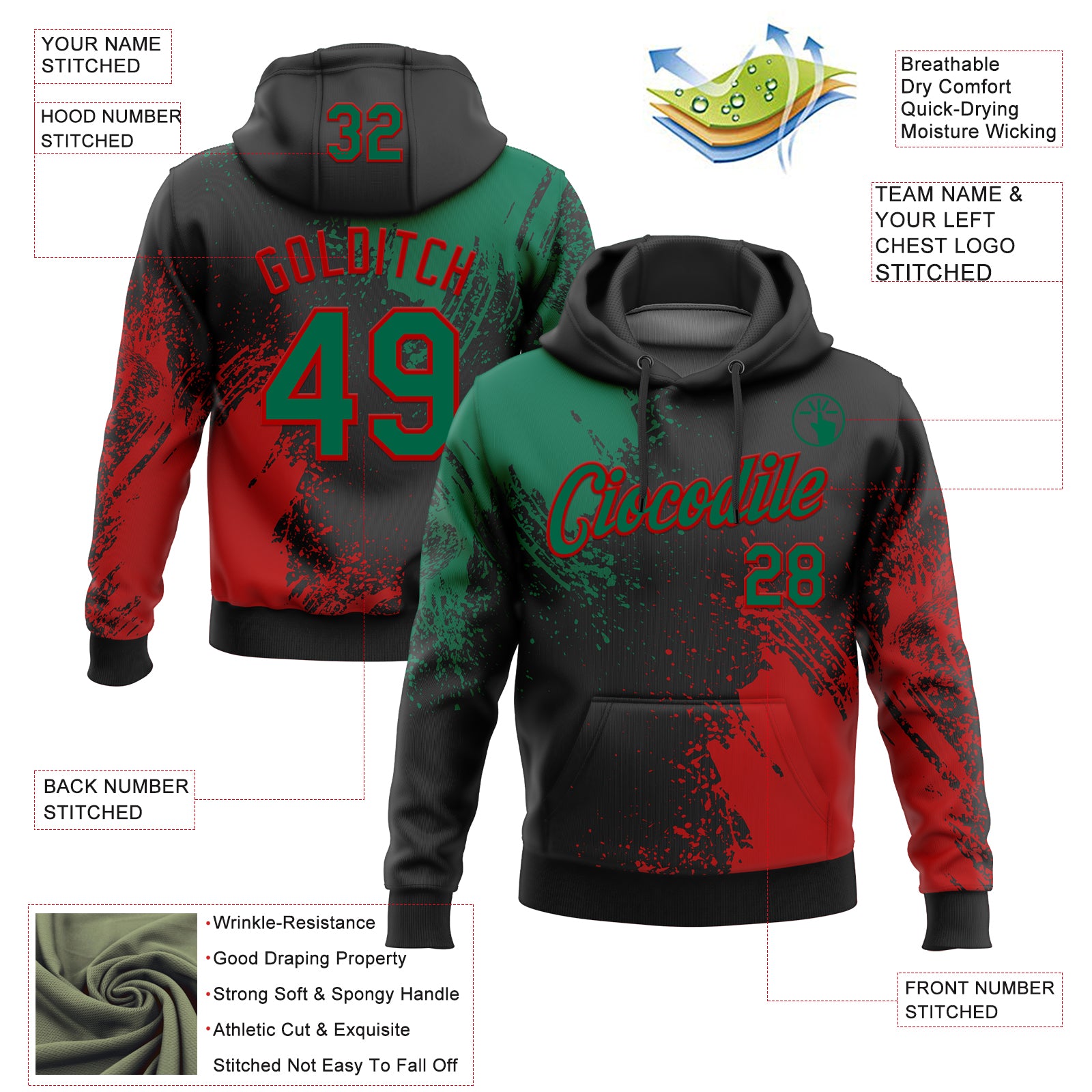 Custom Stitched Black Kelly Green-Red 3D Pattern Design Abstract Brush Stroke Sports Pullover Sweatshirt Hoodie