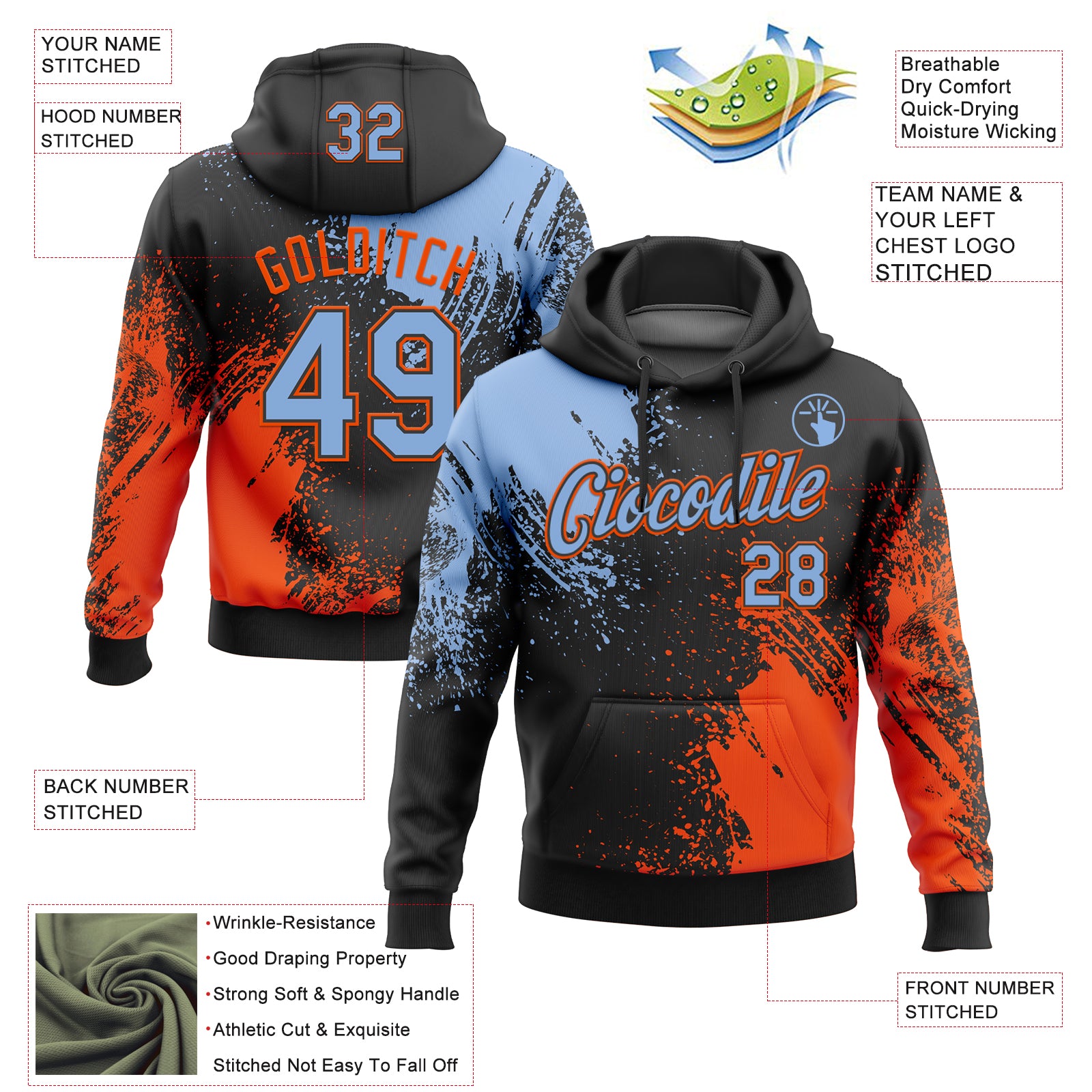 Custom Stitched Black Light Blue-Orange 3D Pattern Design Abstract Brush Stroke Sports Pullover Sweatshirt Hoodie