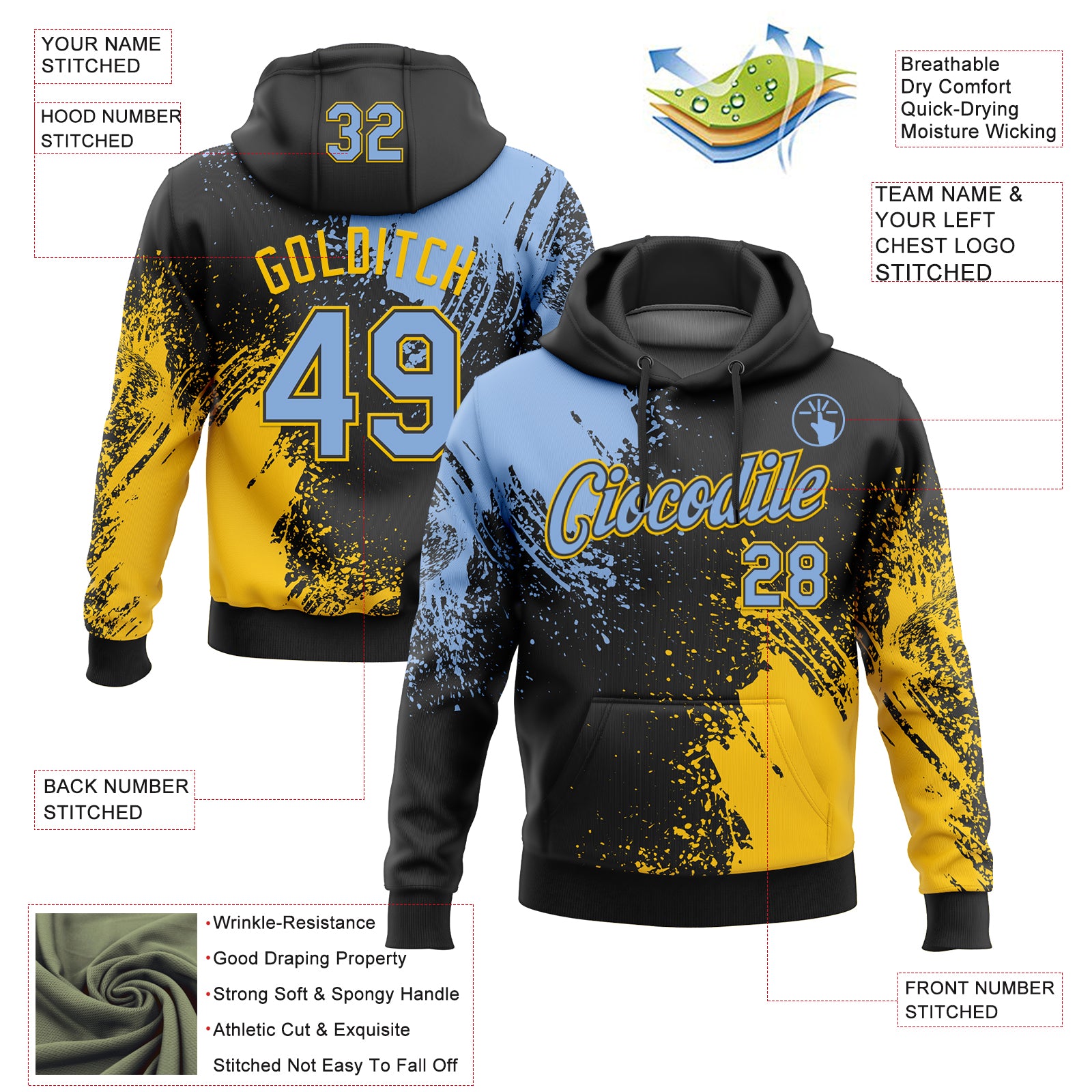 Custom Stitched Black Light Blue-Yellow 3D Pattern Design Abstract Brush Stroke Sports Pullover Sweatshirt Hoodie