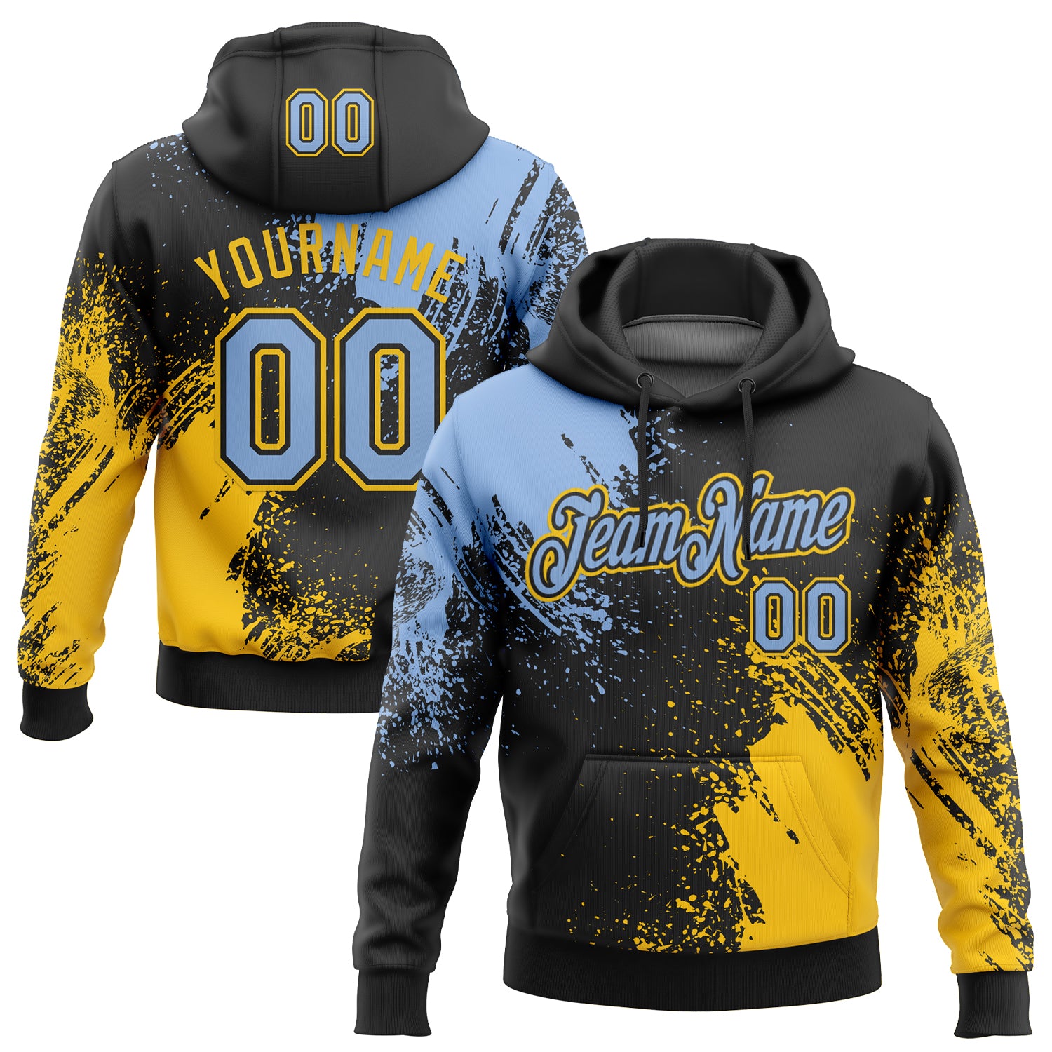 Custom Stitched Black Light Blue-Yellow 3D Pattern Design Abstract Brush Stroke Sports Pullover Sweatshirt Hoodie