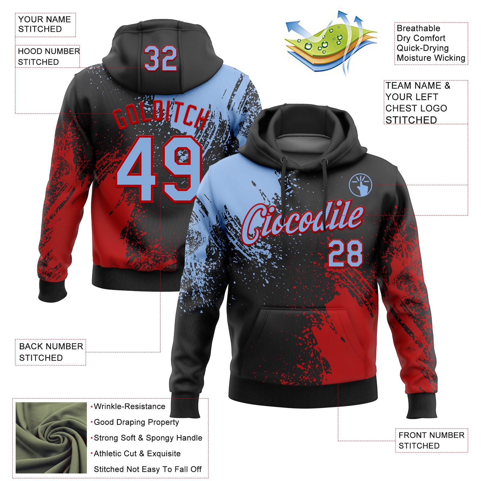 Custom Stitched Black Light Blue-Red 3D Pattern Design Abstract Brush Stroke Sports Pullover Sweatshirt Hoodie