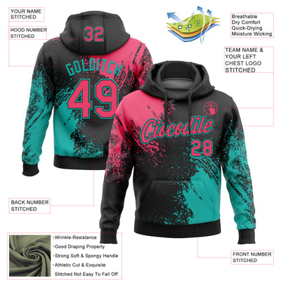 Custom Stitched Black Neon Pink-Aqua 3D Pattern Design Abstract Brush Stroke Sports Pullover Sweatshirt Hoodie