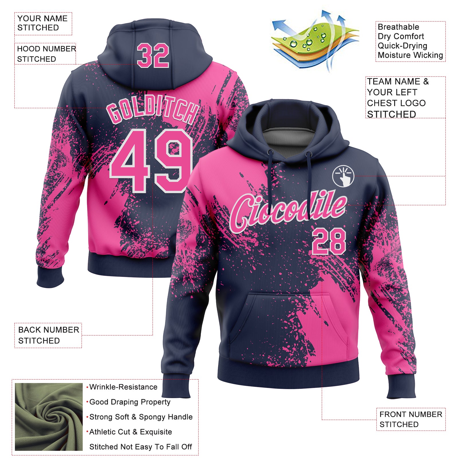 Custom Stitched Navy Pink-White 3D Pattern Design Abstract Brush Stroke Sports Pullover Sweatshirt Hoodie