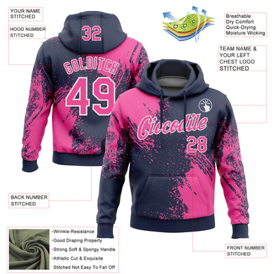 Custom Stitched Navy Pink-White 3D Pattern Design Abstract Brush Stroke Sports Pullover Sweatshirt Hoodie