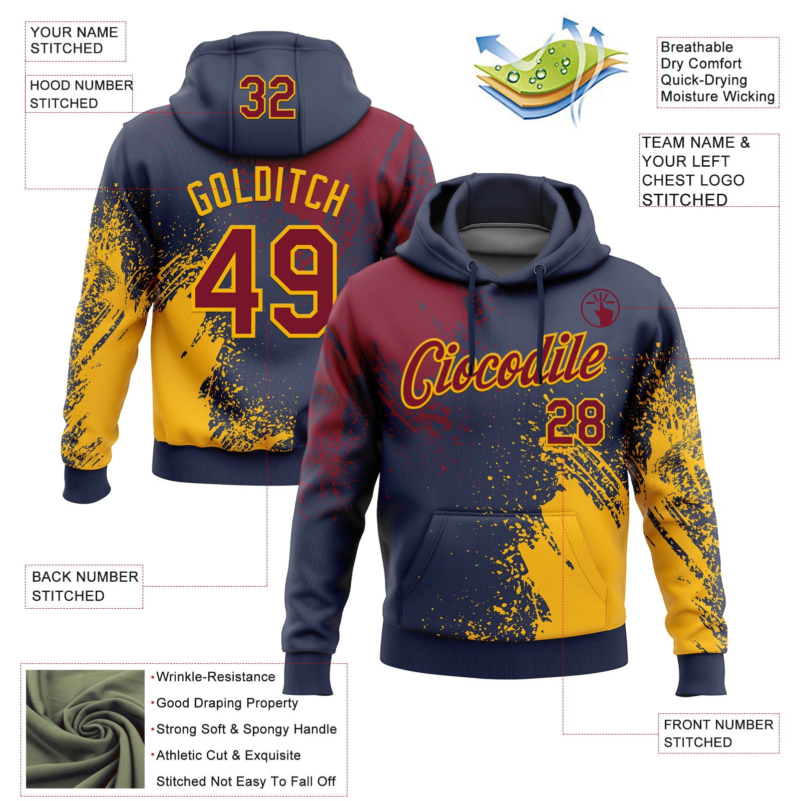 Custom Stitched Navy Crimson-Gold 3D Pattern Design Abstract Brush Stroke Sports Pullover Sweatshirt Hoodie