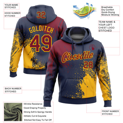Custom Stitched Navy Crimson-Gold 3D Pattern Design Abstract Brush Stroke Sports Pullover Sweatshirt Hoodie