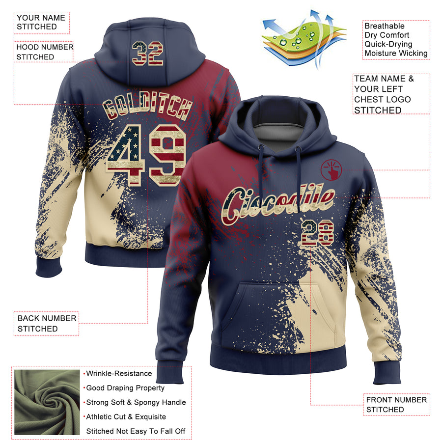 Custom Stitched Navy Vintage USA Flag Crimson-Cream 3D Pattern Design Abstract Brush Stroke Sports Pullover Sweatshirt Hoodie