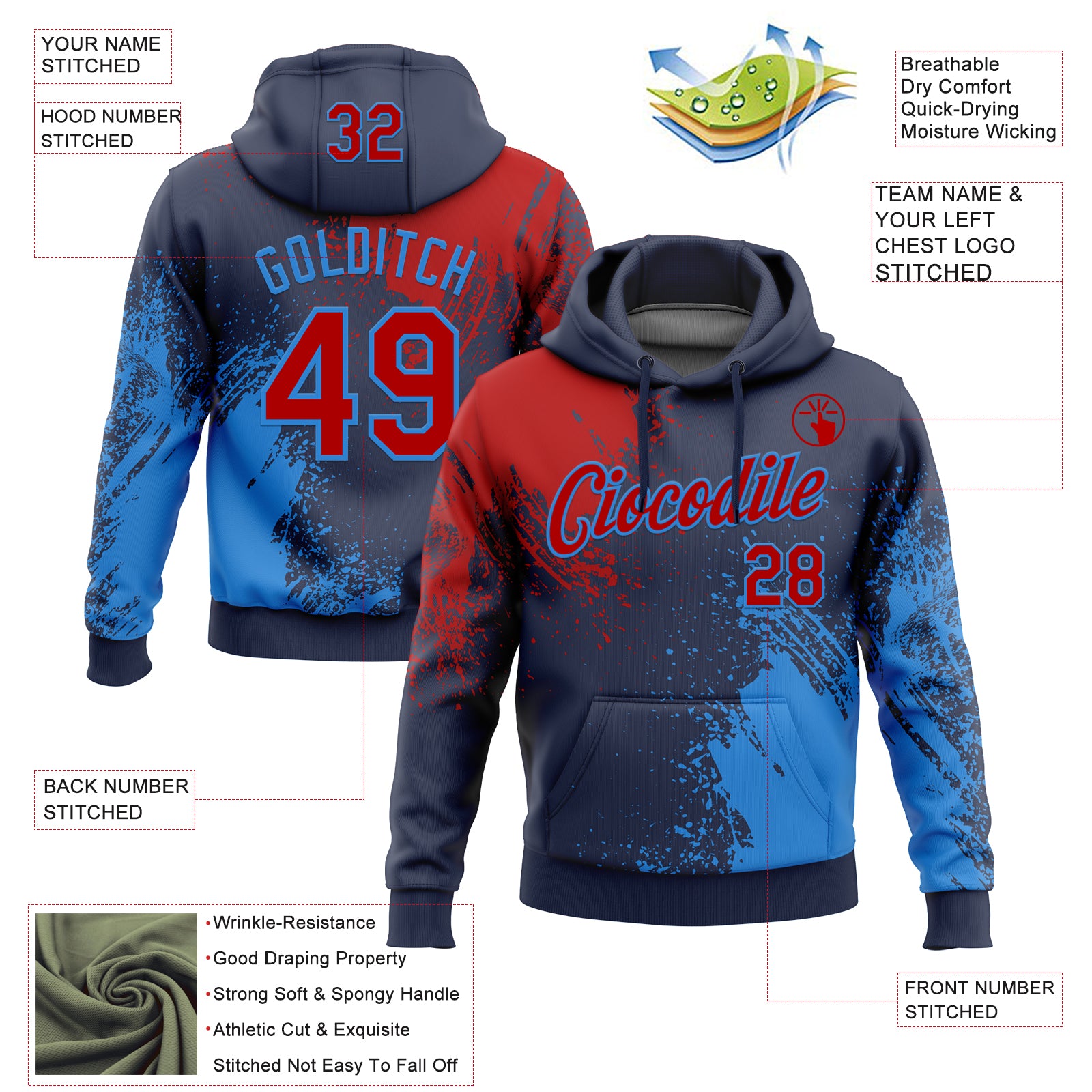 Custom Stitched Navy Red-Powder Blue 3D Pattern Design Abstract Brush Stroke Sports Pullover Sweatshirt Hoodie