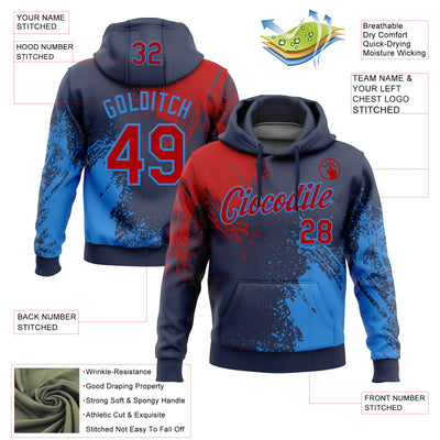 Custom Stitched Navy Red-Powder Blue 3D Pattern Design Abstract Brush Stroke Sports Pullover Sweatshirt Hoodie