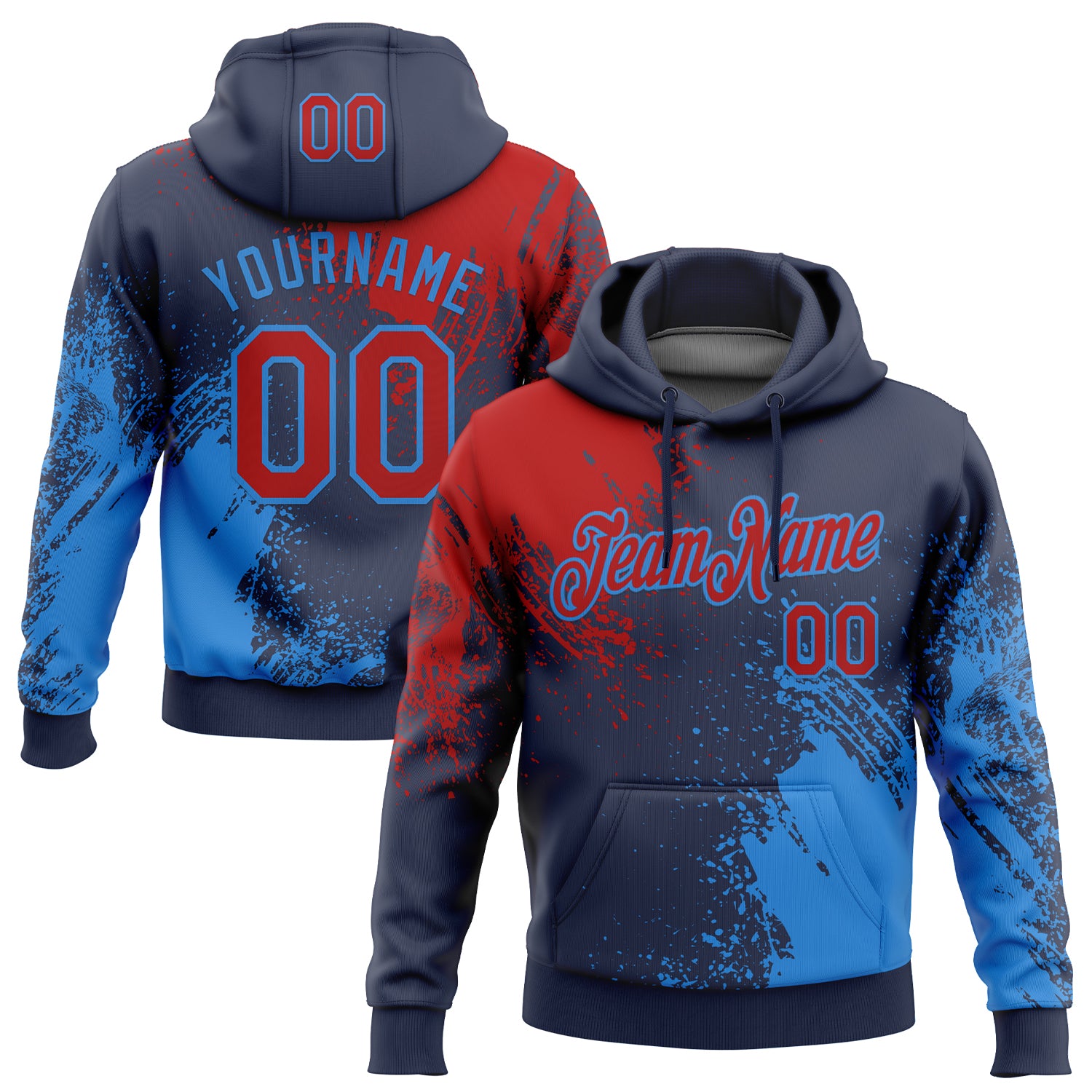 Custom Stitched Navy Red-Powder Blue 3D Pattern Design Abstract Brush Stroke Sports Pullover Sweatshirt Hoodie