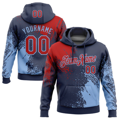 Custom Stitched Navy Red-Light Blue 3D Pattern Design Abstract Brush Stroke Sports Pullover Sweatshirt Hoodie
