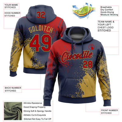 Custom Stitched Navy Red-Old Gold 3D Pattern Design Abstract Brush Stroke Sports Pullover Sweatshirt Hoodie