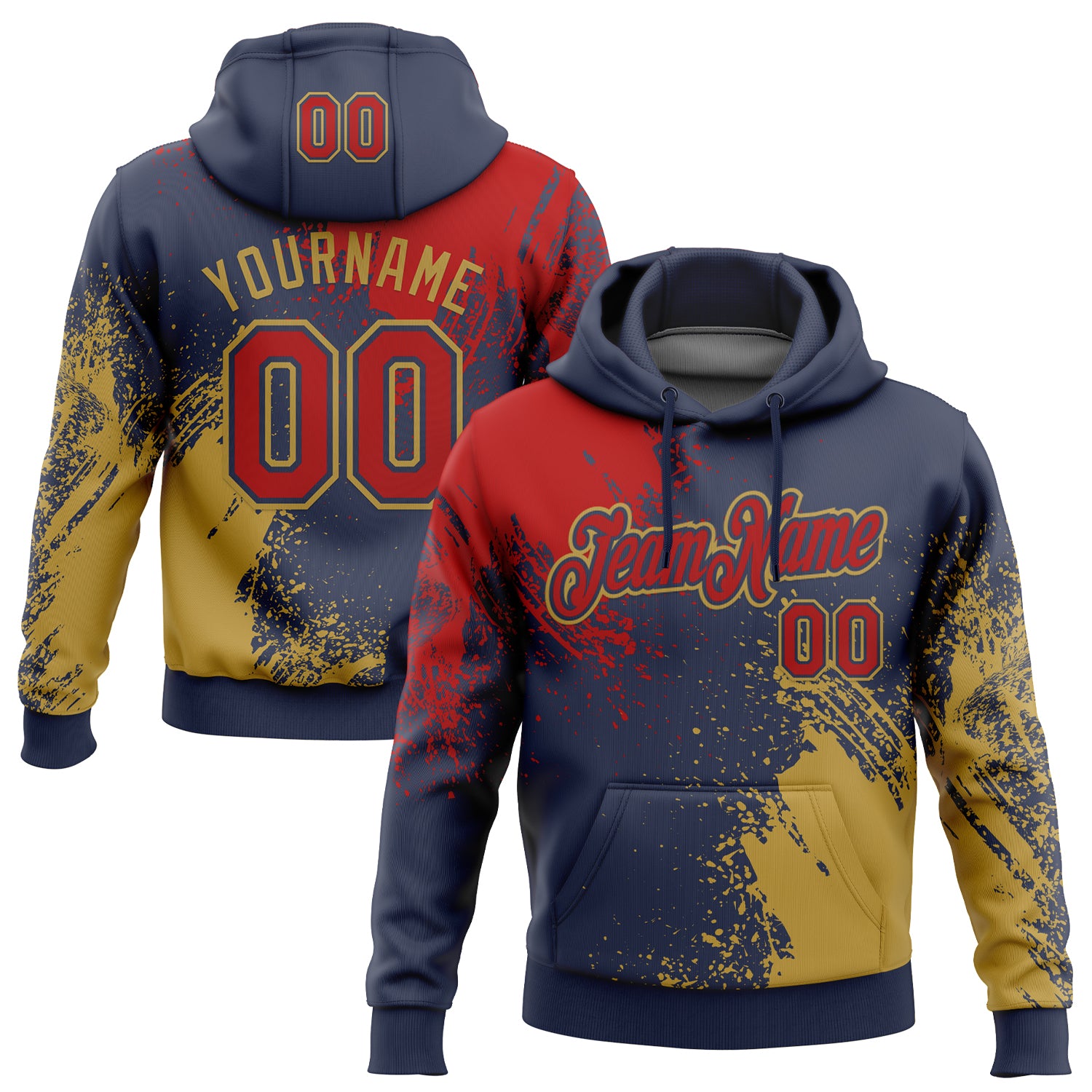 Custom Stitched Navy Red-Old Gold 3D Pattern Design Abstract Brush Stroke Sports Pullover Sweatshirt Hoodie
