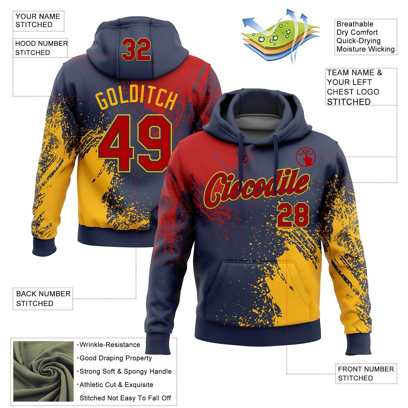 Custom Stitched Navy Red-Gold 3D Pattern Design Abstract Brush Stroke Sports Pullover Sweatshirt Hoodie