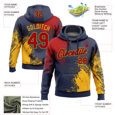 Custom Stitched Navy Red-Gold 3D Pattern Design Abstract Brush Stroke Sports Pullover Sweatshirt Hoodie