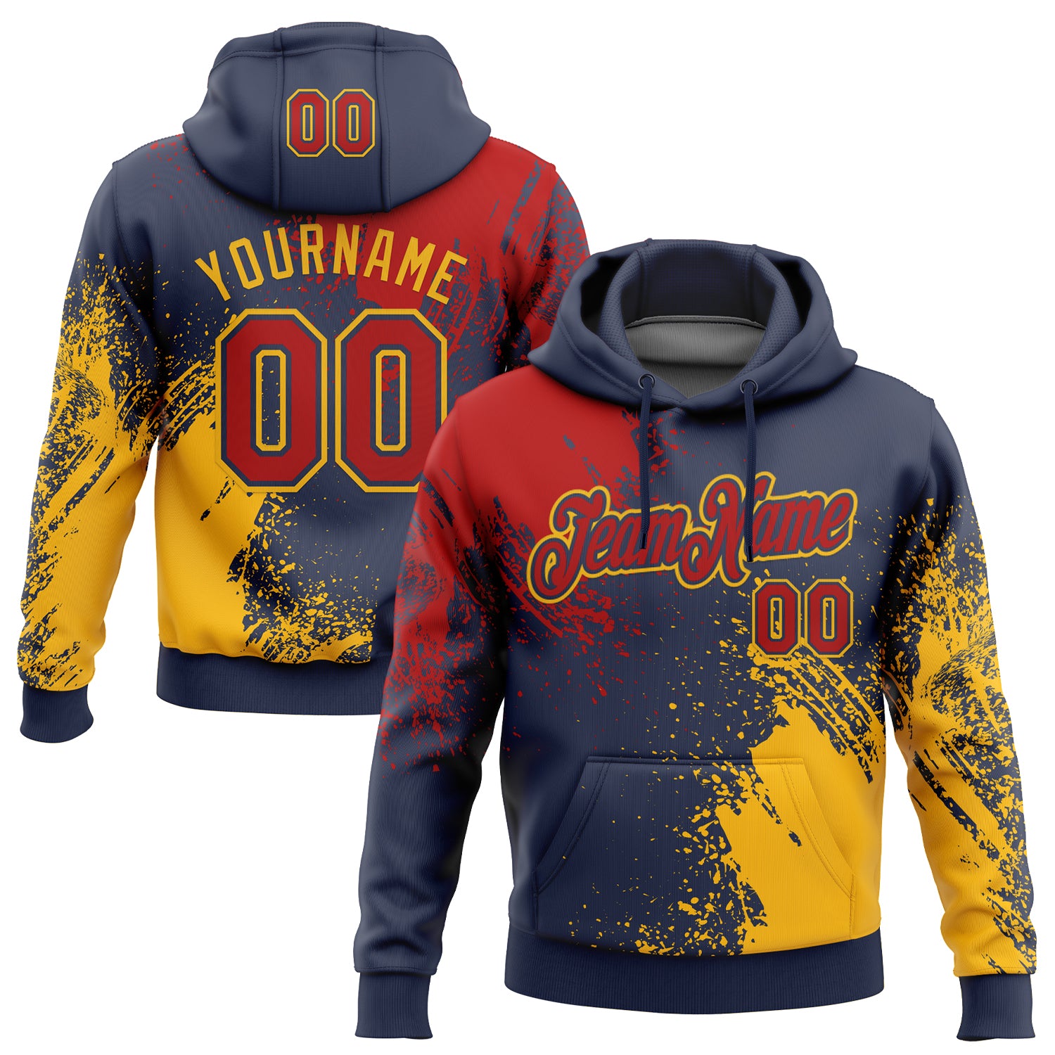 Custom Stitched Navy Red-Gold 3D Pattern Design Abstract Brush Stroke Sports Pullover Sweatshirt Hoodie